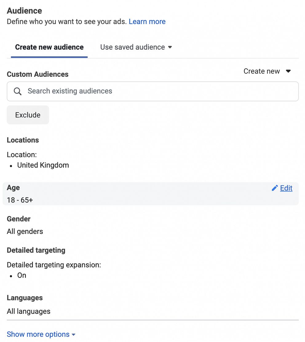 Facebook ads audiences customization interface