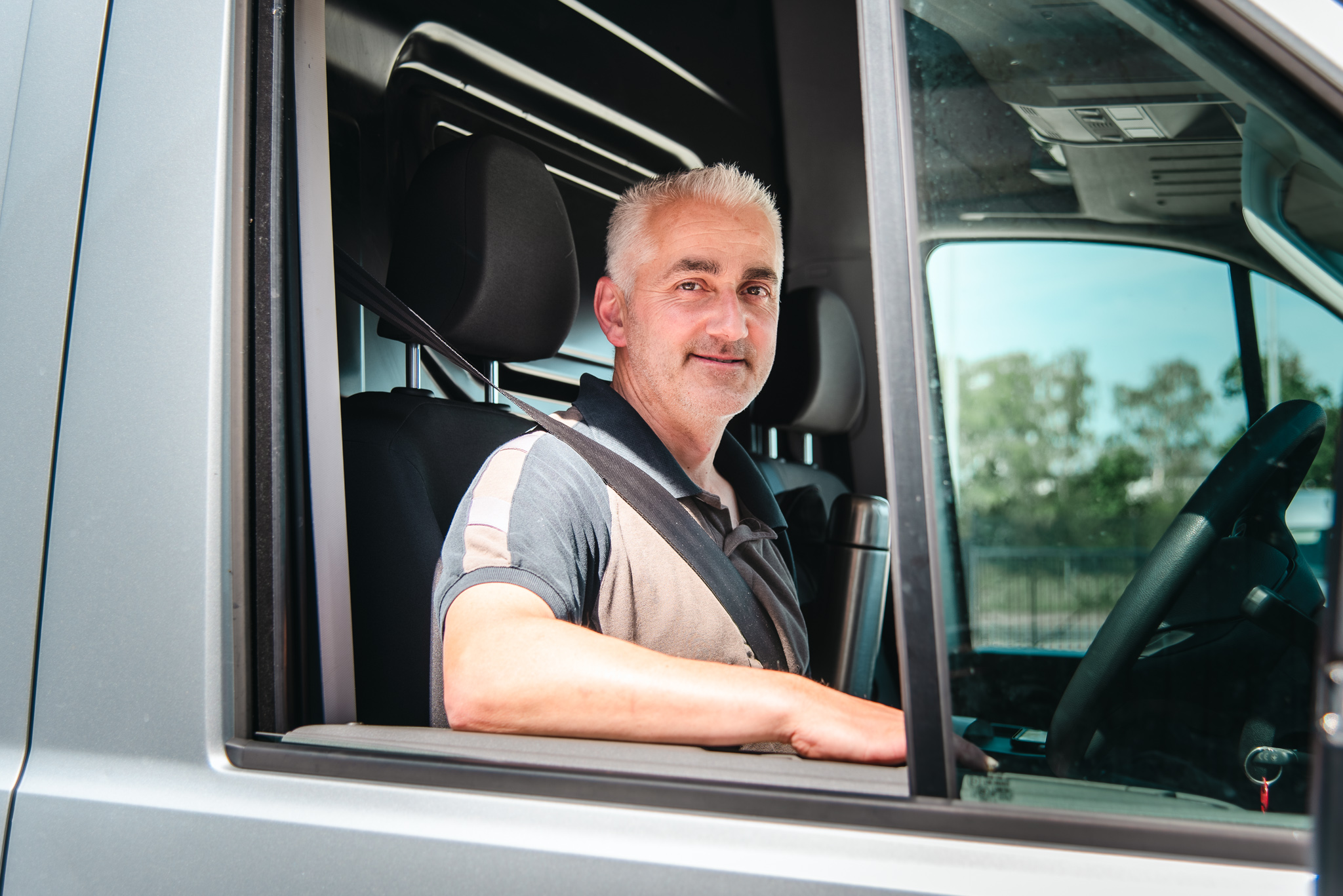 Van driver looking at the camera