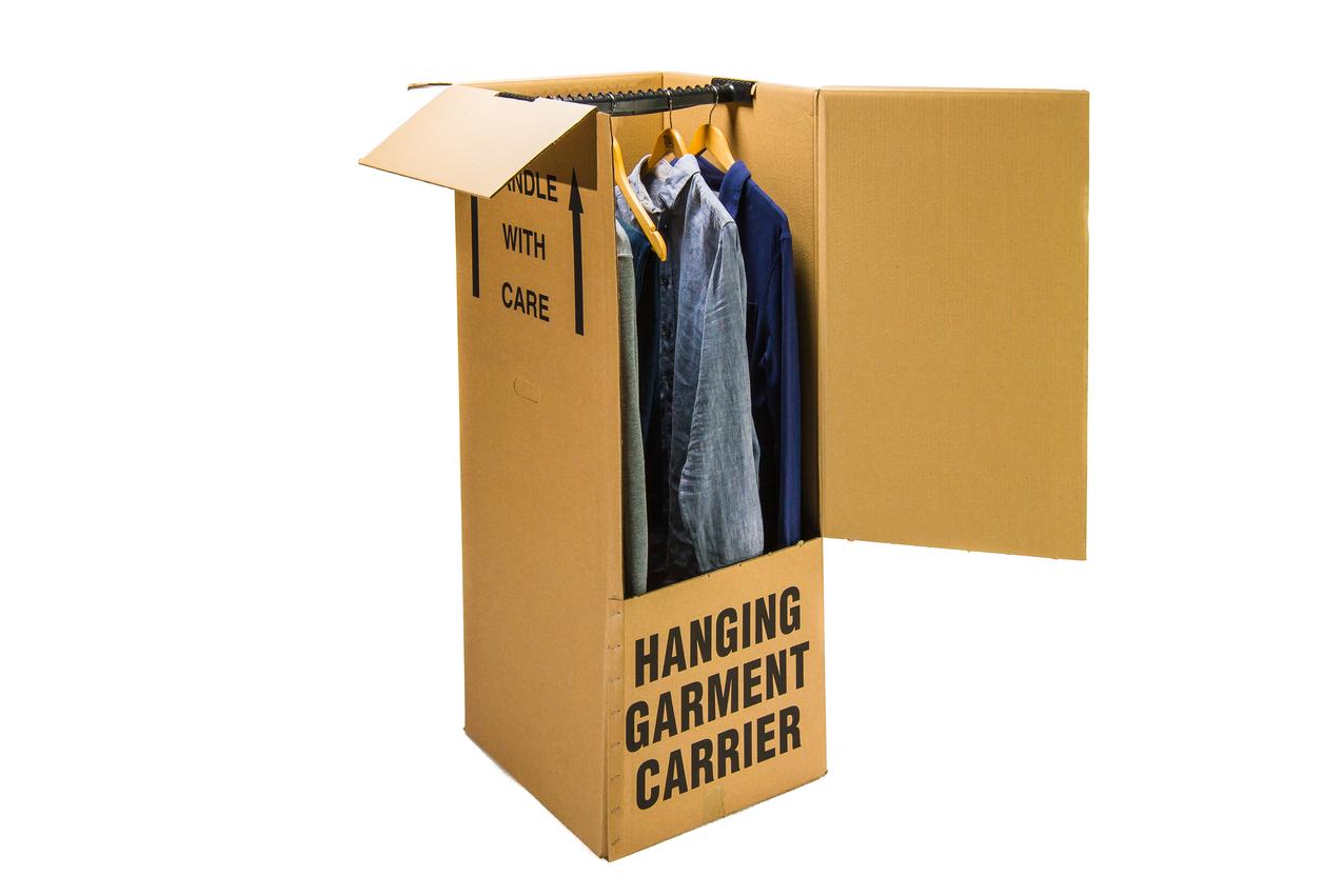 Box with clothes hanging inside 