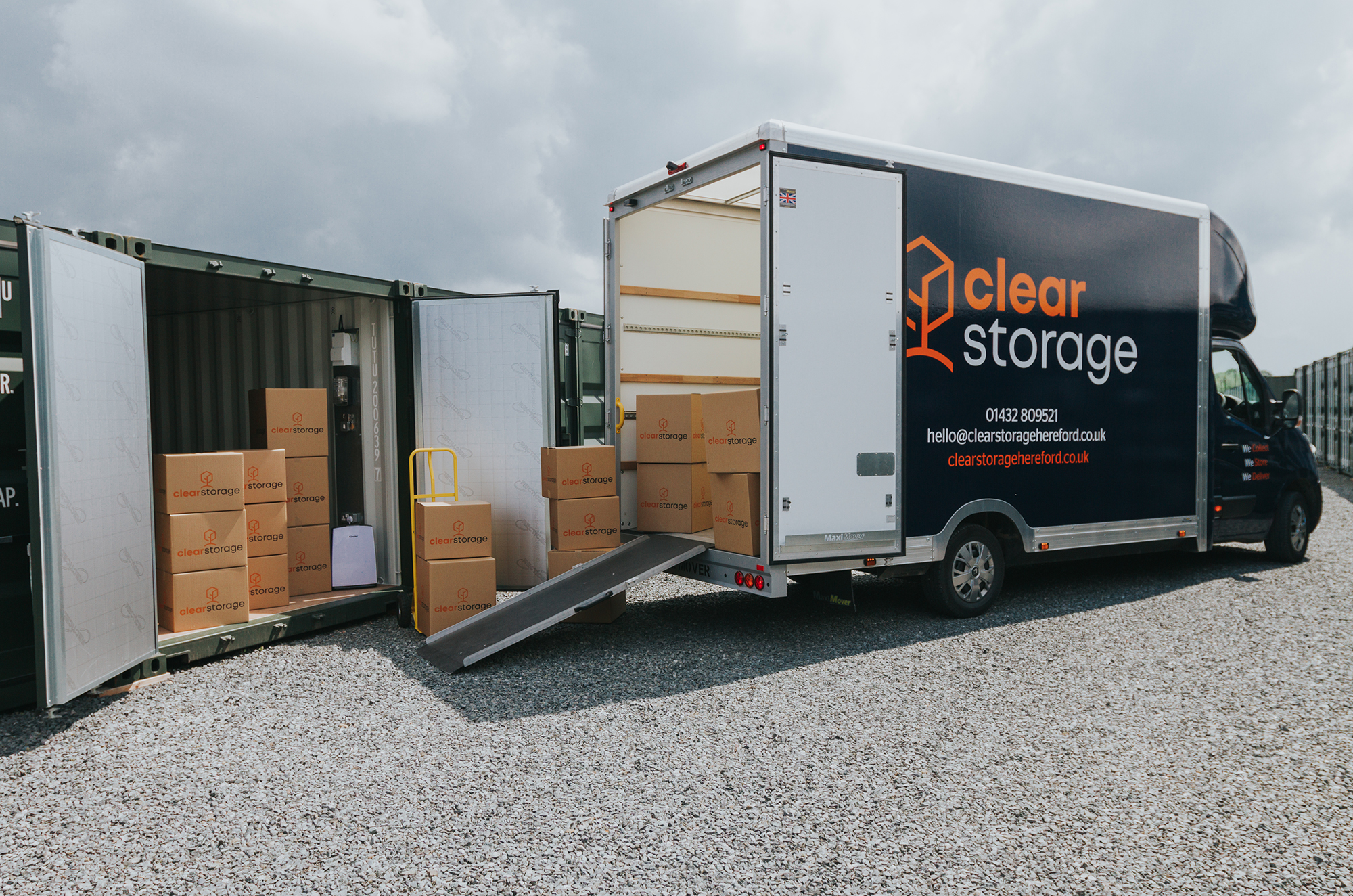 Clear Storage van with boxes into a container