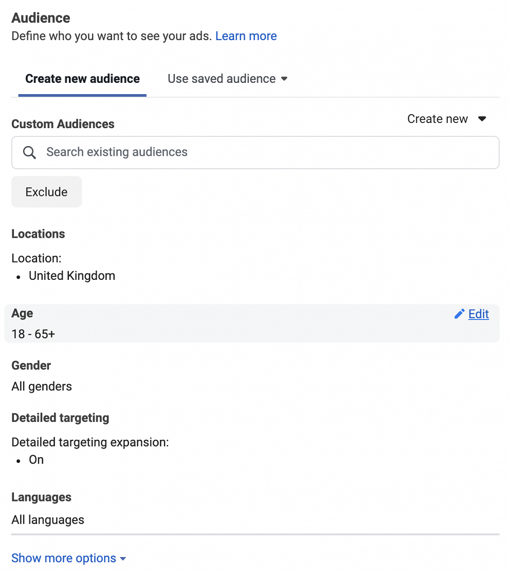 Facebook ads audiences customization interface