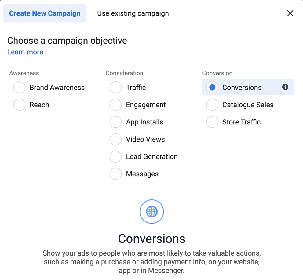 Facebook Ads conversions selection interface