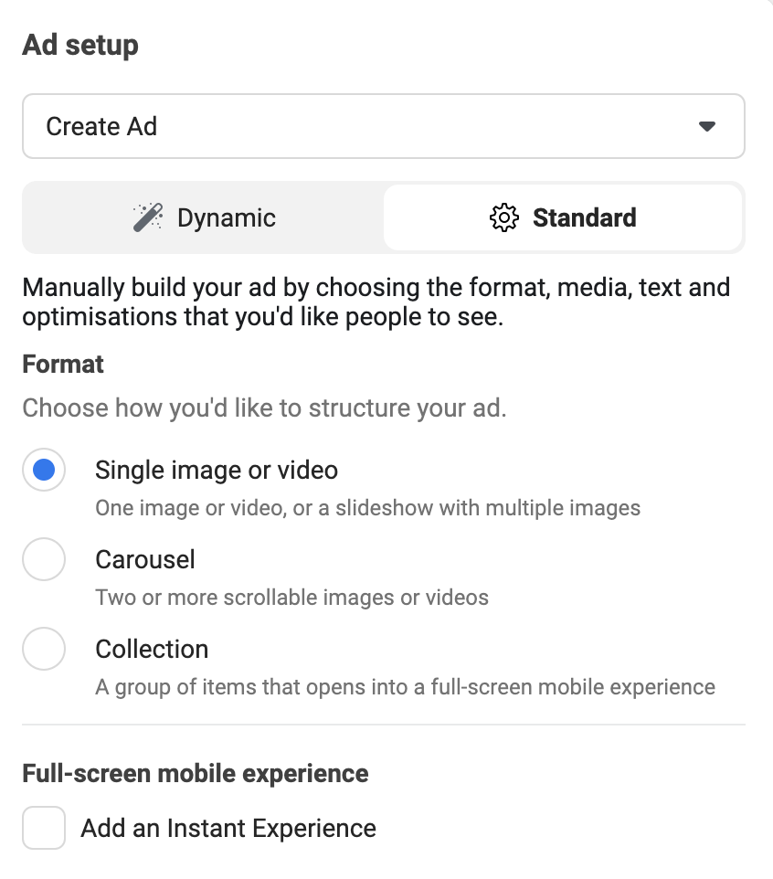 Facebook ads creatives interface 
