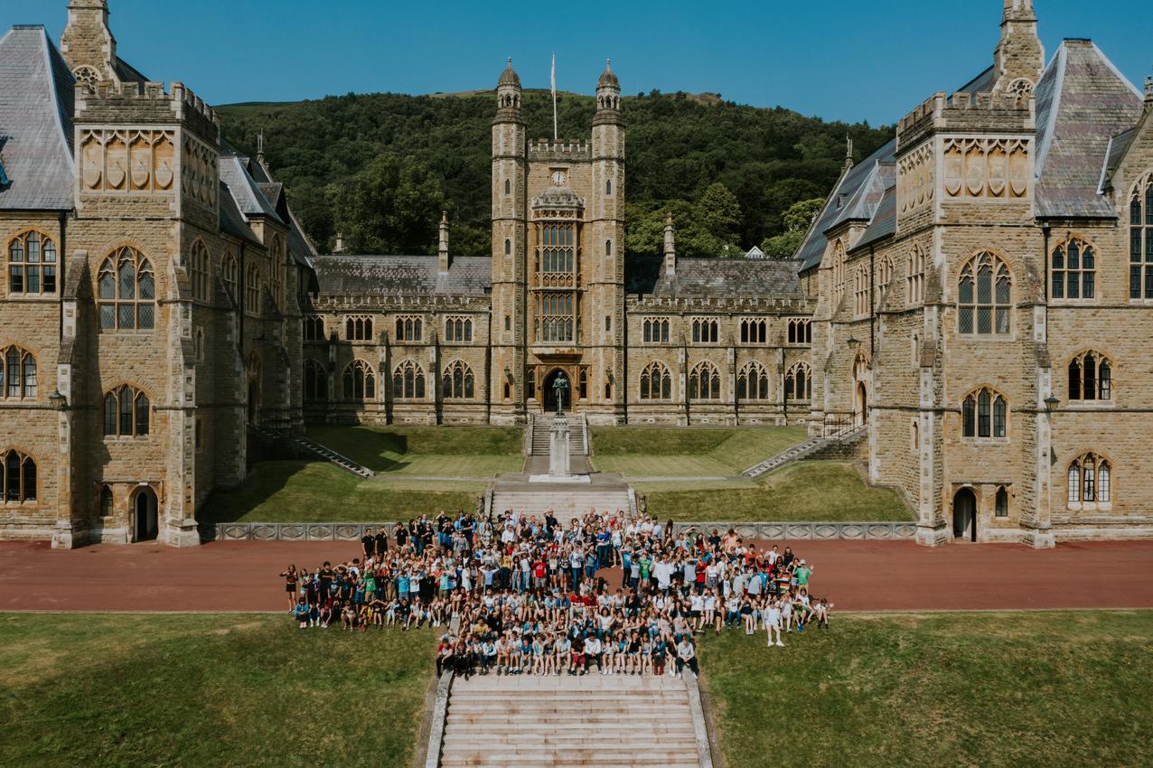 Drone image of a group of students